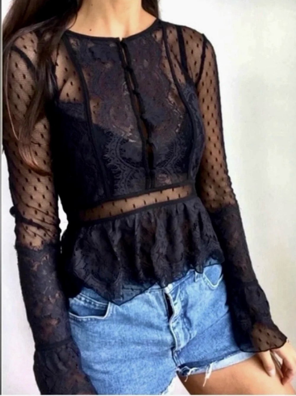 Free People Black Sheer Peplum Blouse
